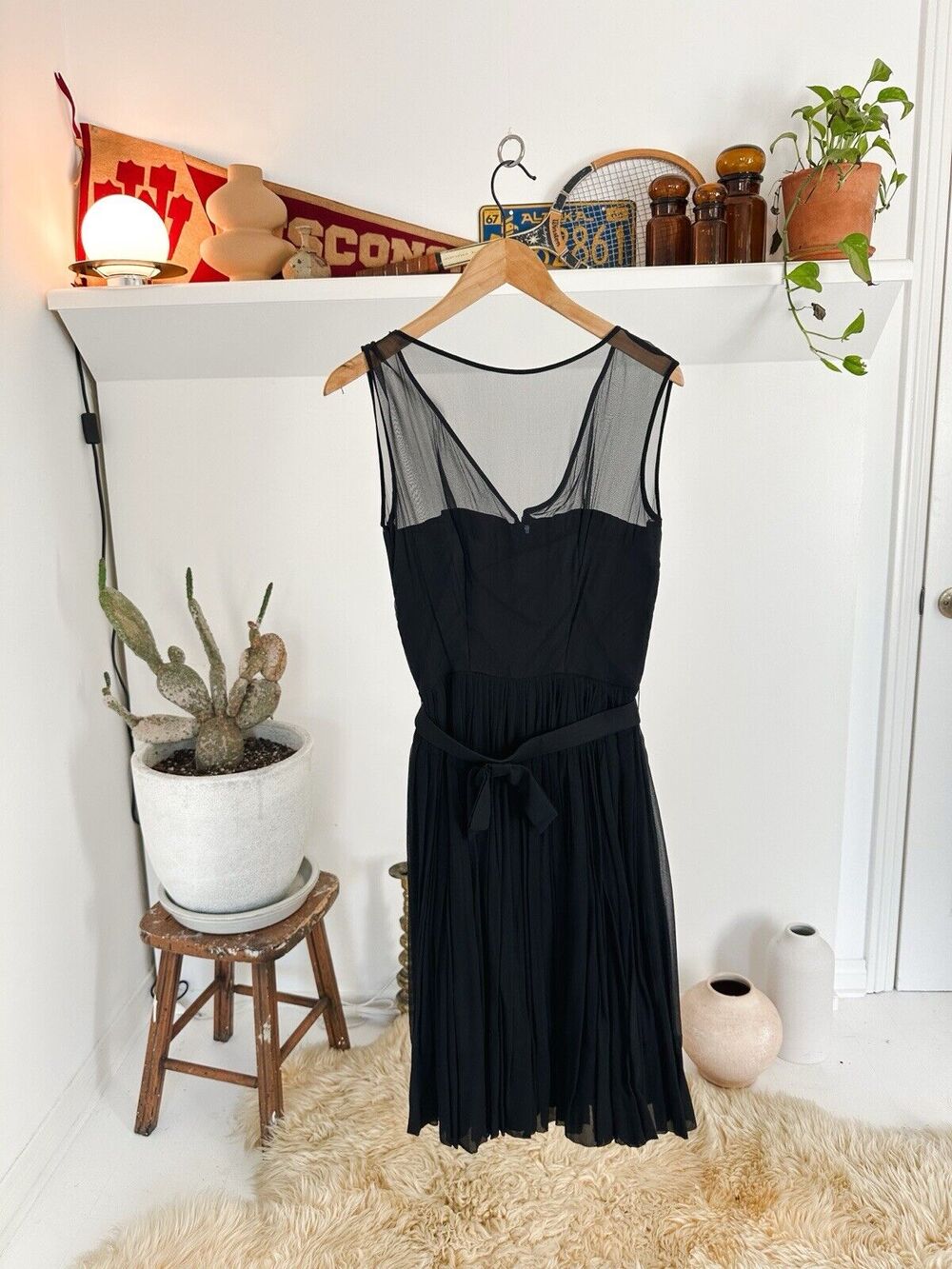 Vintage 1960s Black Dress With Sheer Shoulders and Belt Small